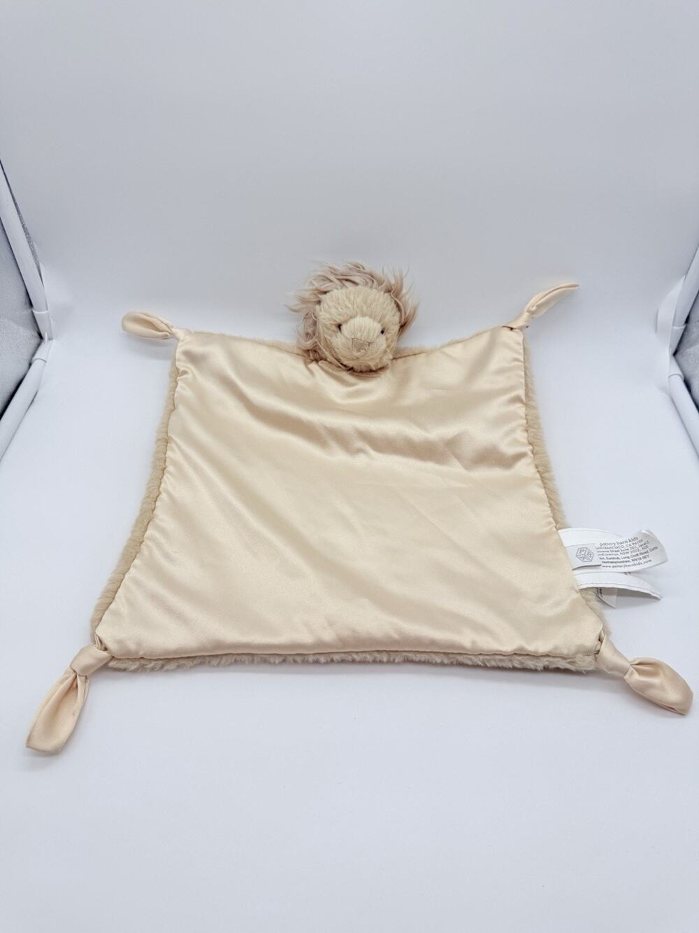 Pottery Barn Kids Tan Beige Lion Thumbie Baby Blanket Satin Knots Knotted Lovey
